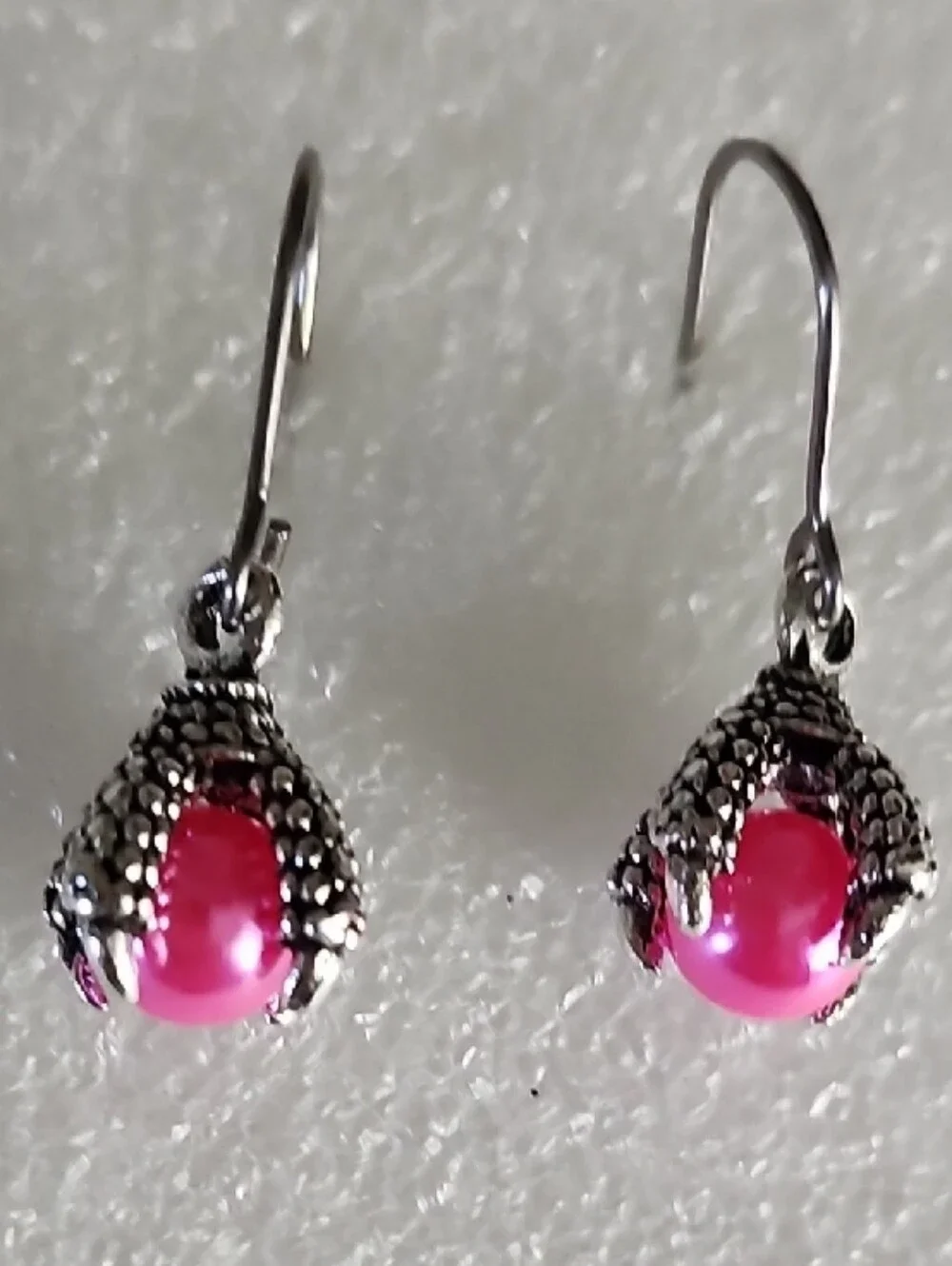 Pink Bead Drop Earrings in Silver-Tone Dragon Claw Setting